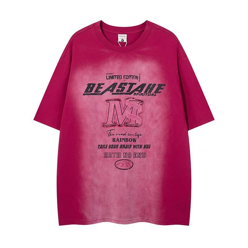 Men's American Vintage Streetwear Washed Distressed Short Sleeve Tee - Appliqué Embroidery Letter Print, Oversized Fit