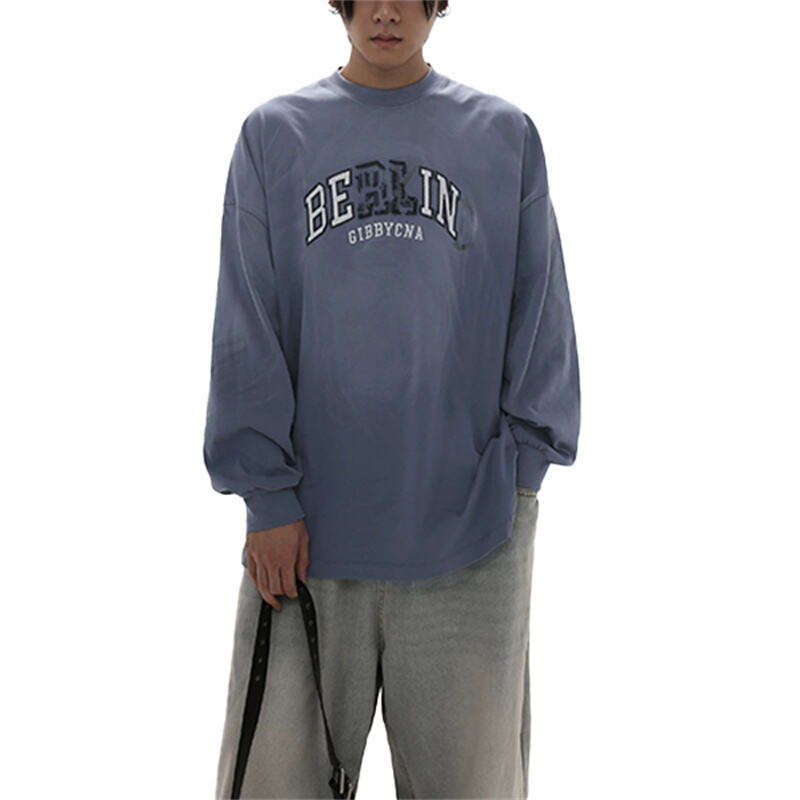 25、Men's Oversized Berlin Print Long Sleeve T-Shirt - Vintage Washed Casual Top
