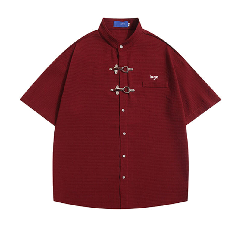 American High Street Metal Buckle Short Sleeve Shirt, Men's Summer Premium Waffle Knit Loose Couple Shirt