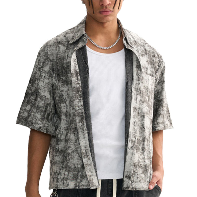 Fashion Trendy Tie-Dye Vintage Washed Cropped Wide Shirt for Men, High Quality Unisex Retro Button Down Shirt