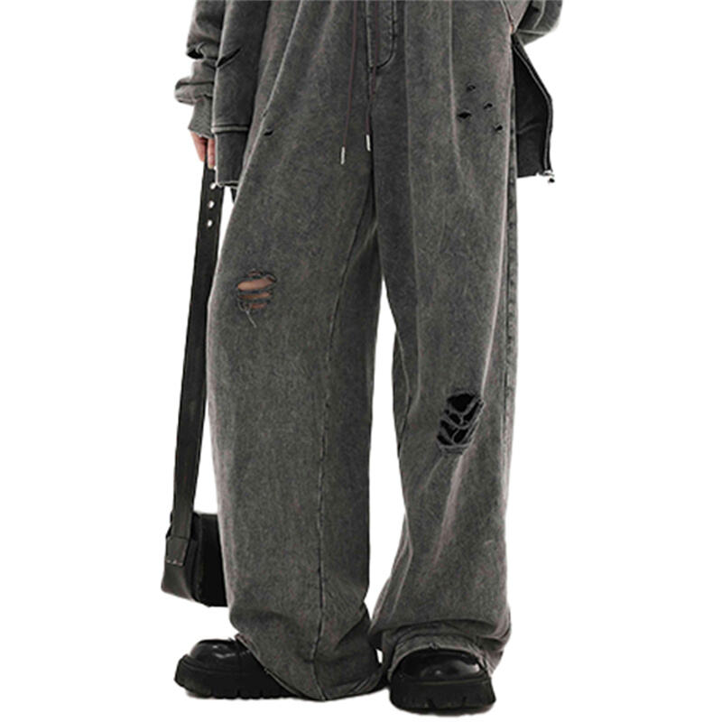Distressed Washed Baggy Pants Men Elastic Waist Drawstring Wide Leg Grunge Streetwear Trousers Y2K Ripped Casual Sweatpants