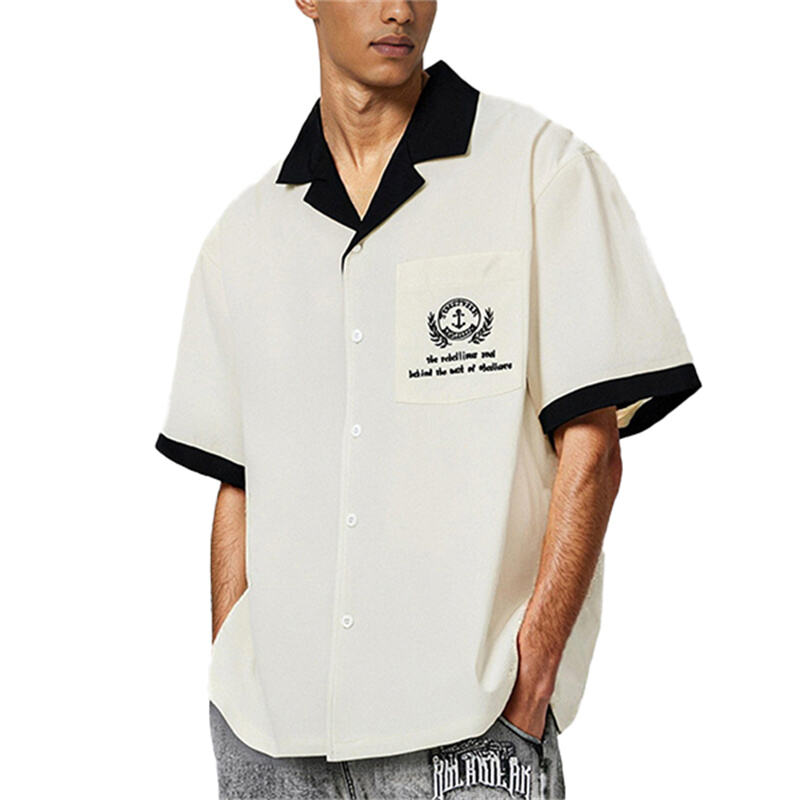 Men's High Quality Pure Cotton Contrast Color Lapel Casual Shirt, Streetwear Loose Fit Woven Short Sleeve Shirt