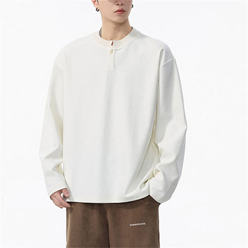 Men's Fall/Winter 360GSM Heavyweight Textured Henley Neck Base Layer Tee - Relaxed Fit Versatile Casual Top