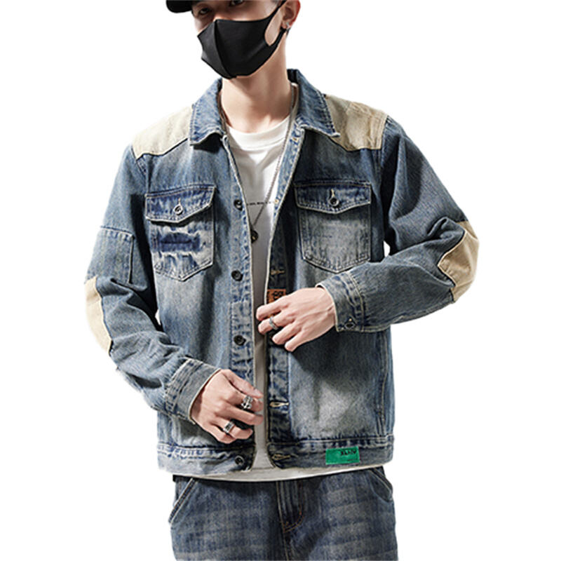 Jaket Denim Berat yang Telah Dibasuh dengan Butiran Kontras Kanvas untuk Lelaki