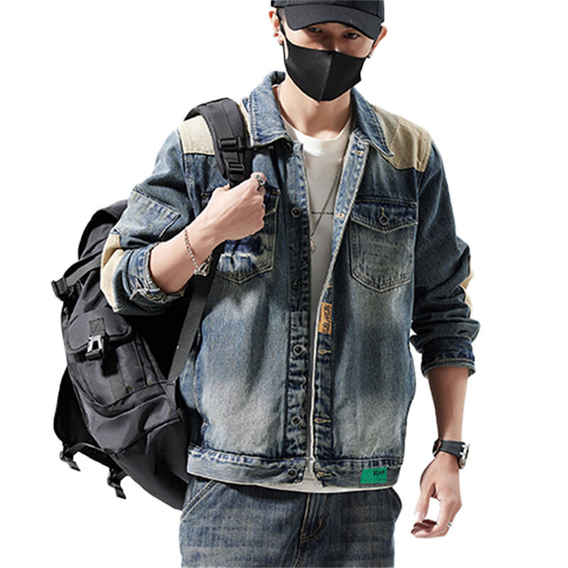Jaket Denim Berat yang Telah Dibasuh dengan Butiran Kontras Kanvas untuk Lelaki