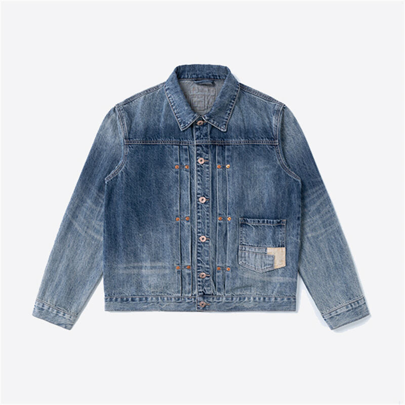 Jaket Denim Terjejas Berat Tinggi untuk Lelaki, Pakaian Kerja Retro dengan Poket Tampal Sulam dan Pakaian Luar Kasual
