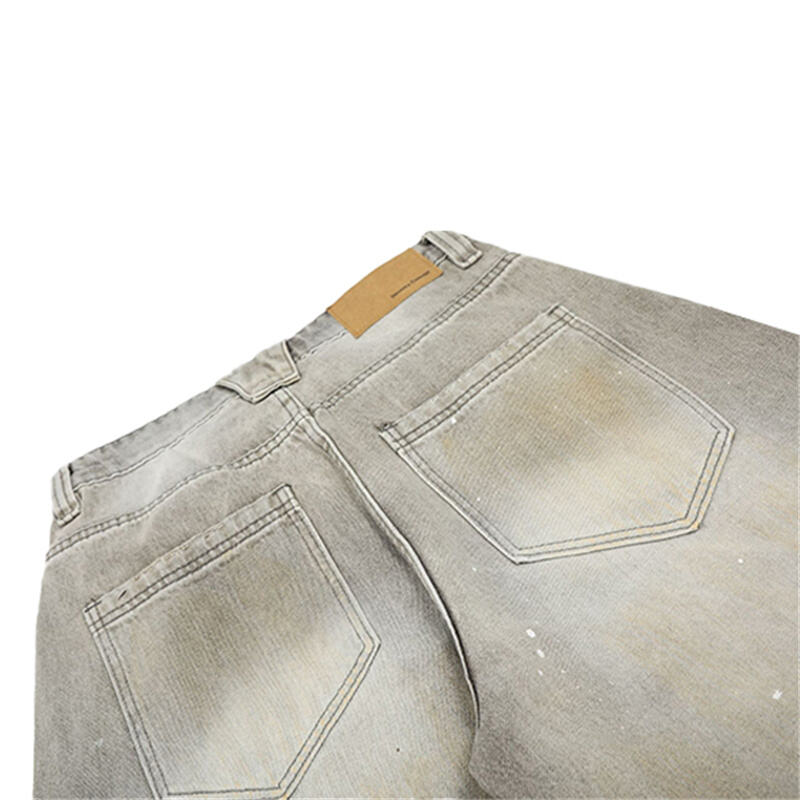 Wholesale Grey Washed Distressed Baggy Jeans Men Vintage Ripped Wide Leg Streetwear Paint Splatter Denim Pants