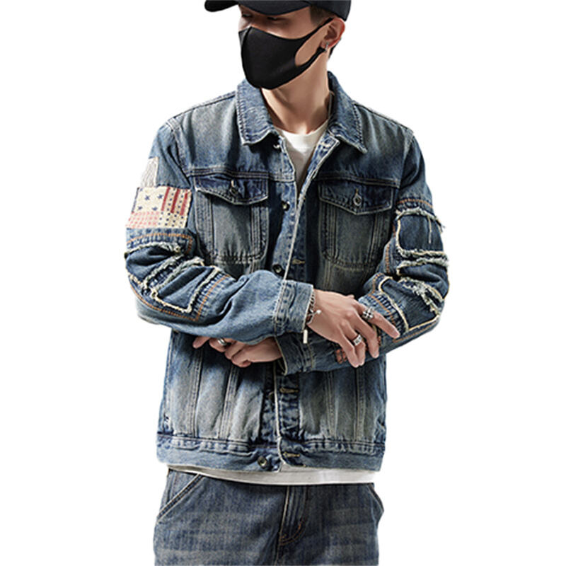 Jaket Denim Lelaki Bergaya Retro dengan Kesannya yang Terkikis | Gaya Fesyen Jalanan Amerika yang Disesuaikan