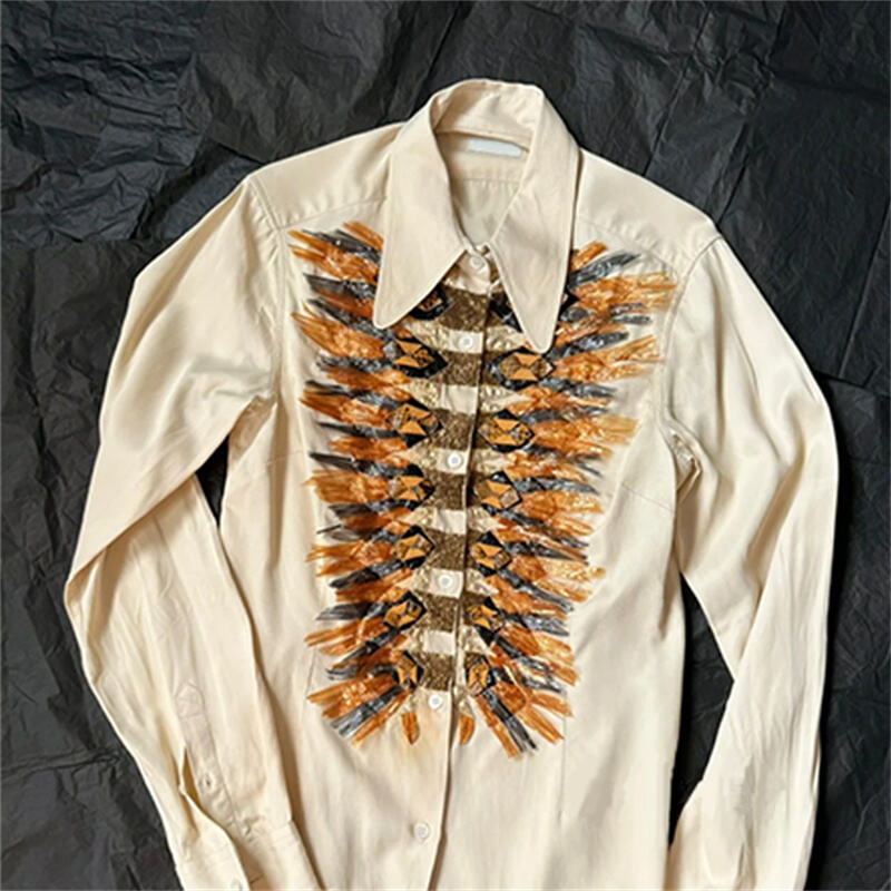Men's Vintage Artistic Embellished Long Sleeve Shirt, Handcrafted Feather & Sequin Patchwork Button-Down Shirt, High Street Luxury Casual Top