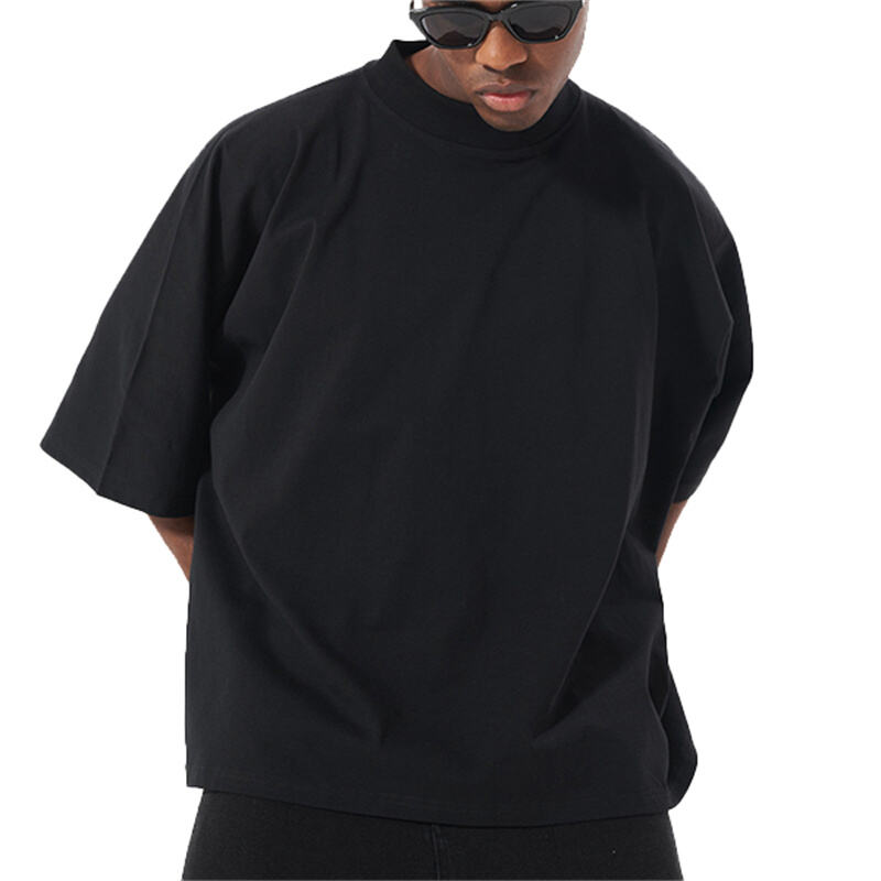 Men's Streetwear Slim Collar Heavyweight 100% Cotton Tee - American Street Style, Oversized Plus Size Boxy Cropped Wide Fit Short Sleeve