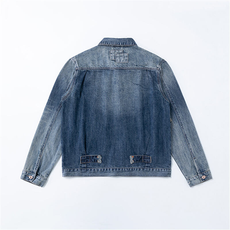 Jaket Denim Terjejas Berat Tinggi untuk Lelaki, Pakaian Kerja Retro dengan Poket Tampal Sulam dan Pakaian Luar Kasual