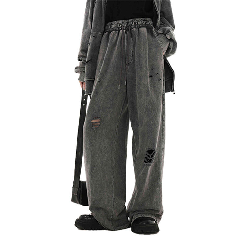 Distressed Washed Baggy Pants Men Elastic Waist Drawstring Wide Leg Grunge Streetwear Trousers Y2K Ripped Casual Sweatpants