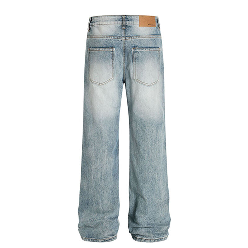 Wholesale Light Wash Distressed Baggy Jeans Men Vintage Ripped Wide Leg Streetwear Loose Fit Denim Pants