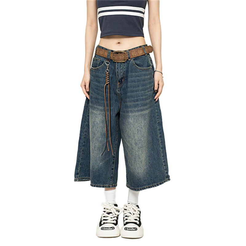 Y2K Wide Leg Culotte Jeans Women Vintage Washed Baggy Denim Skirt Pants Retro High Waist Loose Cropped Streetwear Trousers