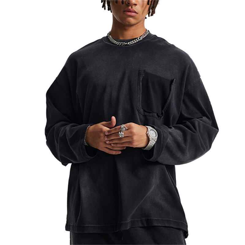 Fall/Winter New 325GSM Heavyweight Wasteland Streetwear Long Sleeve Tee - Distressed & Spray Bleach Finish, 100% Cotton