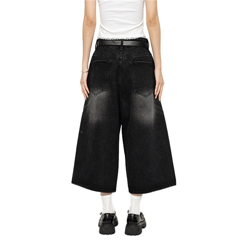 Y2K Wide Leg Culotte Jeans Women Vintage Washed Baggy Denim Skirt Pants Retro High Waist Loose Cropped Streetwear Trousers