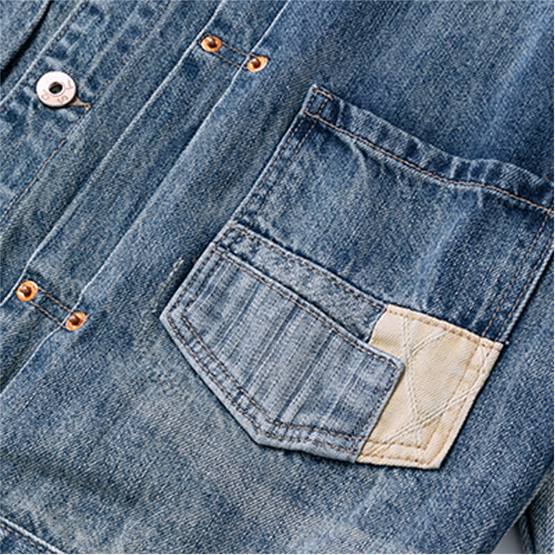 Jaket Denim Terjejas Berat Tinggi untuk Lelaki, Pakaian Kerja Retro dengan Poket Tampal Sulam dan Pakaian Luar Kasual