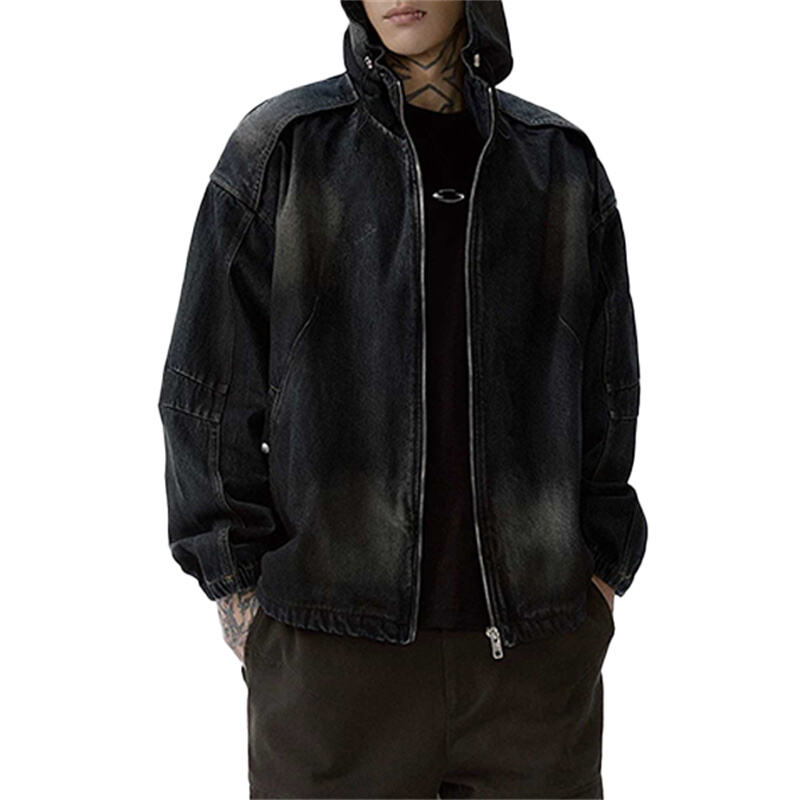 Men's Oversized Washed Denim Hooded Jacket - Vintage Gradient Streetwear Coat