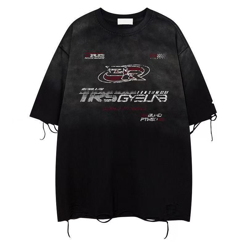 Unisex Custom Heavyweight Vintage Washed Distressed Ripped High-Street Hip-Hop Short Sleeve Tee - American Retro Oversized Crew Neck