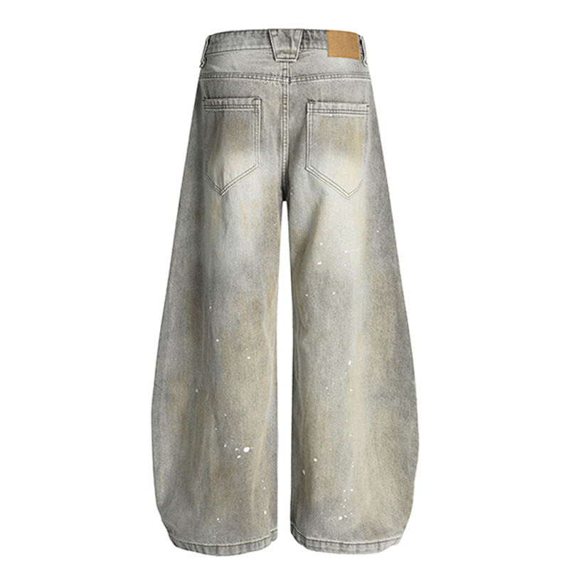 Wholesale Grey Washed Distressed Baggy Jeans Men Vintage Ripped Wide Leg Streetwear Paint Splatter Denim Pants
