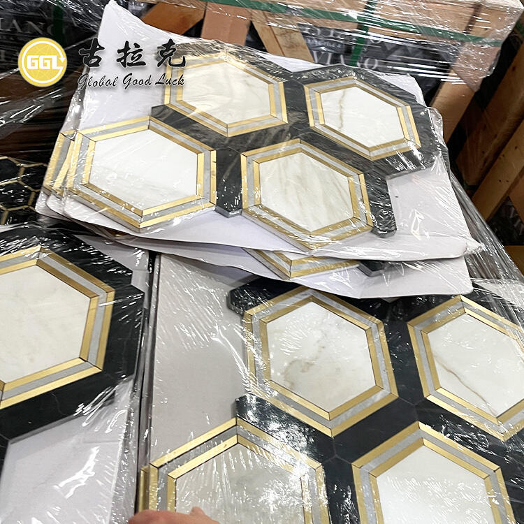 Hexagon Shape Marble With Brass Waterjet Mosaic Tile