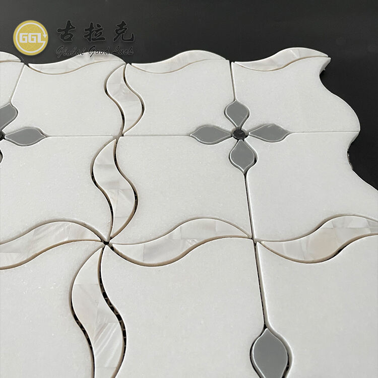 White Marble Shape Waterjet Parquet Feature Mosaic Tile Inlay Shell For Interior Decoration