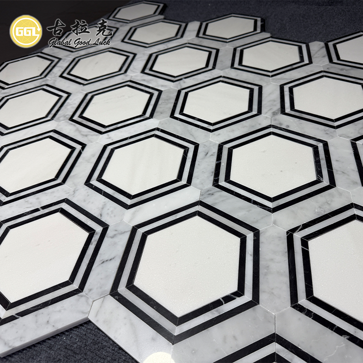 Hexagon Black White Marble Stone Mosaic Tile for Home Flooring Decor