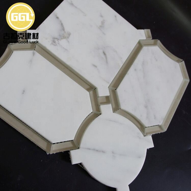 Irregular Design White Marble Mix Glass Waterjet Mosaic Tile for Wall and Floor Decor