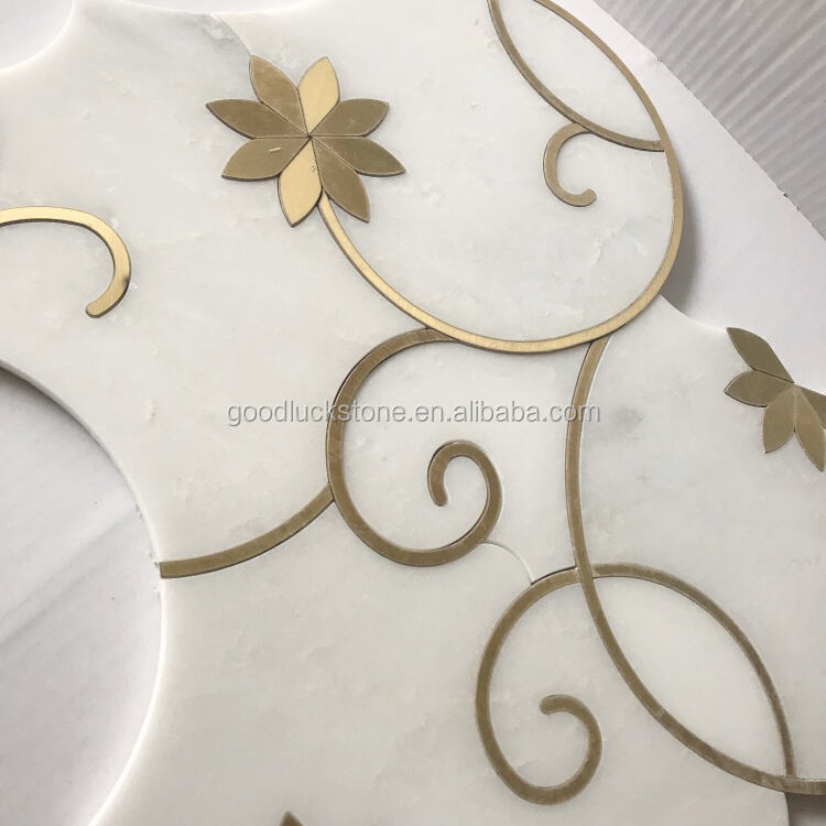  White Mable Mix Brass Waterjet Flower Pattern Mosaic For Bathroom and Kitchen Wall Tile 