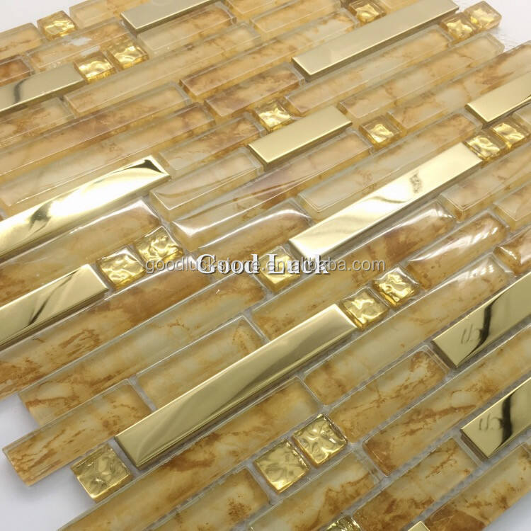 Gold Color Long Strip Shape Laminate Glass Mixed Metal Backsplash Wall Decoration Tiles Glass Mosaic