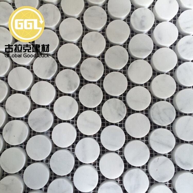 Carrara White Mini Penny Round Shape Marble Mosaic Tile For Bathroom Wall