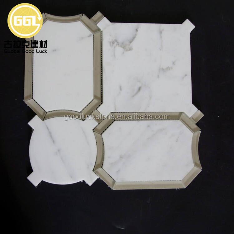 Irregular Design White Marble Mix Glass Waterjet Mosaic Tile for Wall and Floor Decor