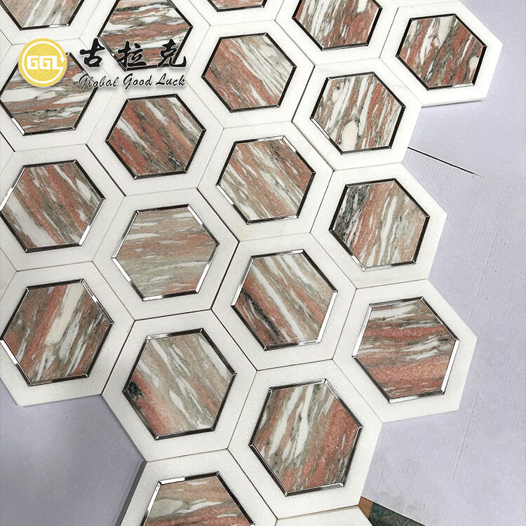 Rosso Norvegina Marble Mix Metal Hexagon Mosaic Tile Waterjet Cut for Floor Decor