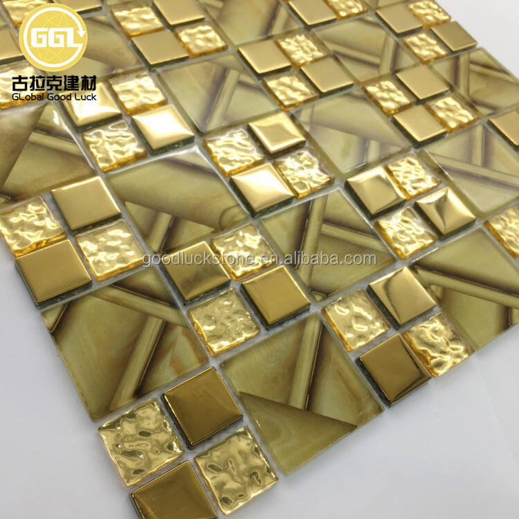 Gold Color Crystal Glass Blend Metal Glossy Mosaic Tile For Wall Decor