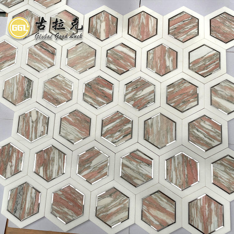 Rosso Norvegina Marble Mix Metal Hexagon Mosaic Tile Waterjet Cut for Floor Decor