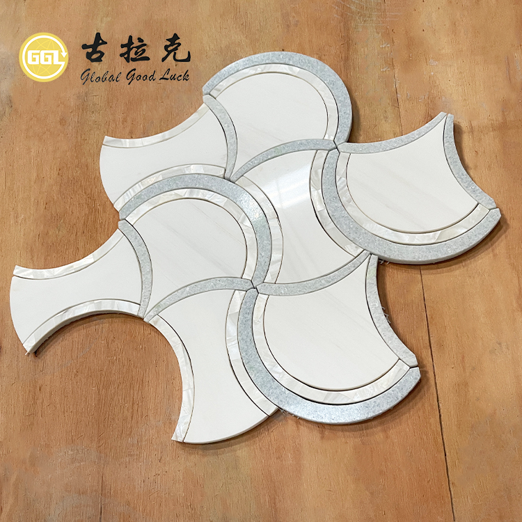 Home Decor White Fan Shape Water Jet Marble Mix Shell Mosaic Tile Interior Wall Backsplash Mosaic