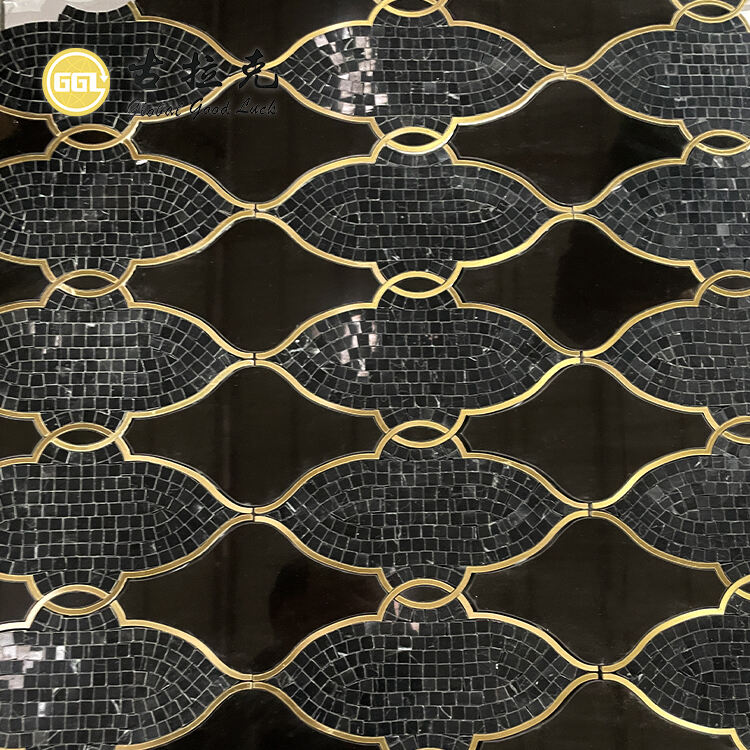 Polished Black Marble Waterjet Mosaic Inlay Brass For Wall Tile