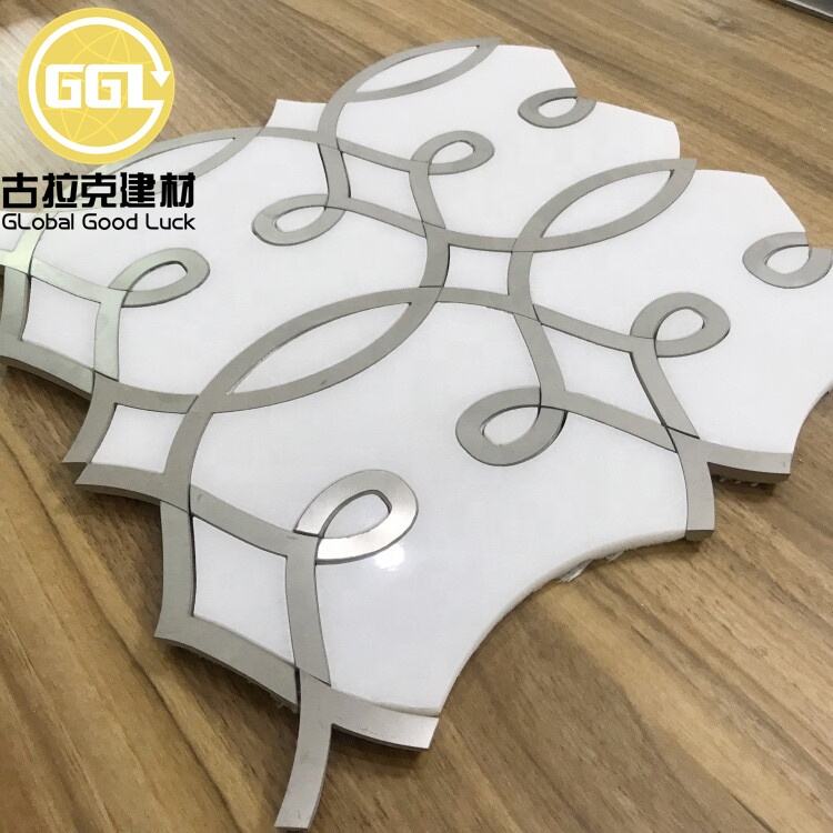 Unique Shape Marble Mix  Stainless Steel Waterjet Mosaic Tile