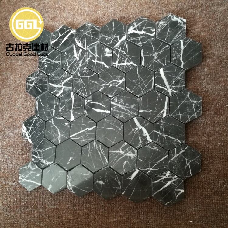 Nero Marquina Marble Hexagon Mosaic Wall And Flooring Tile