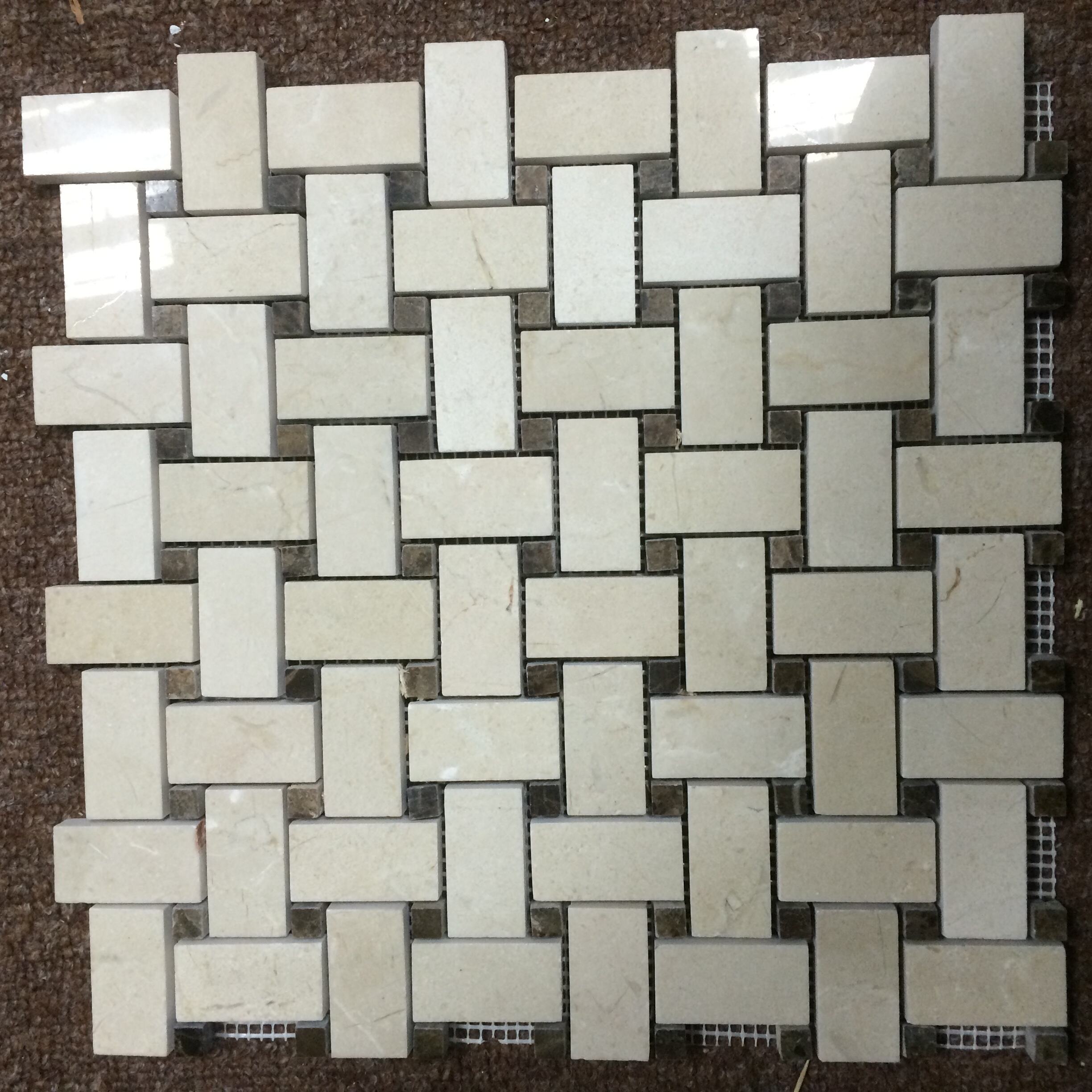 Crema Marfil Basketweave With Brown Dots Marble Mosaic For Kitchen Tiles