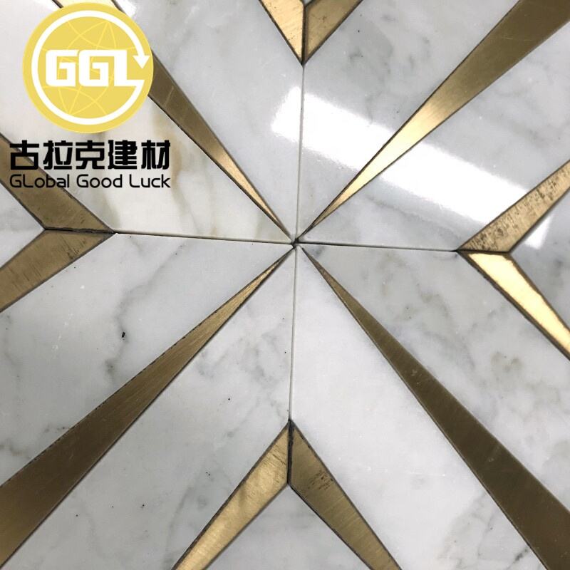 Calacatta Gold Marble Waterjet Pattern Mosaic Tile Inlay Brass