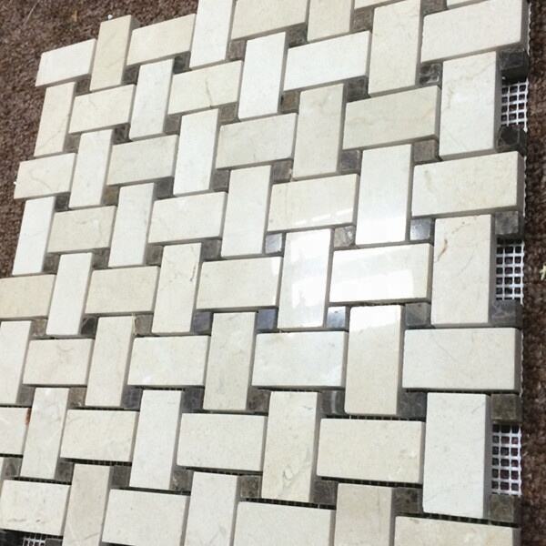 Crema Marfil Basketweave With Brown Dots Marble Mosaic For Kitchen Tiles