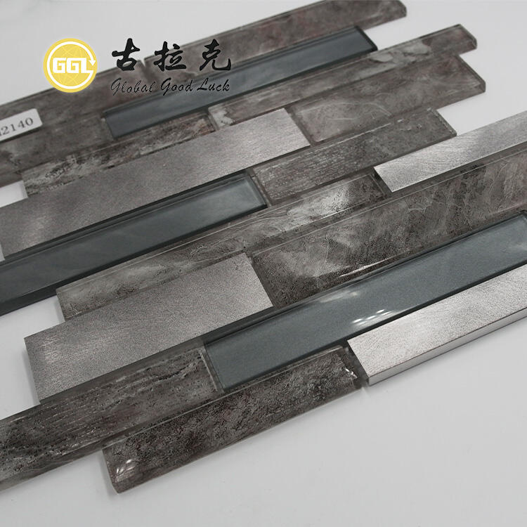 Long Strip Shape Glass Mixed Metal Backsplash Wall Decoration Tiles Glass Mosaic