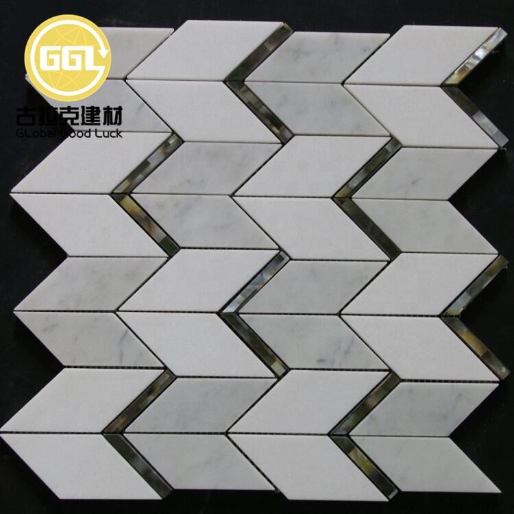 White Chevron Marble Inlay Black Shell Waterjet Mosaic For Wall Tiles