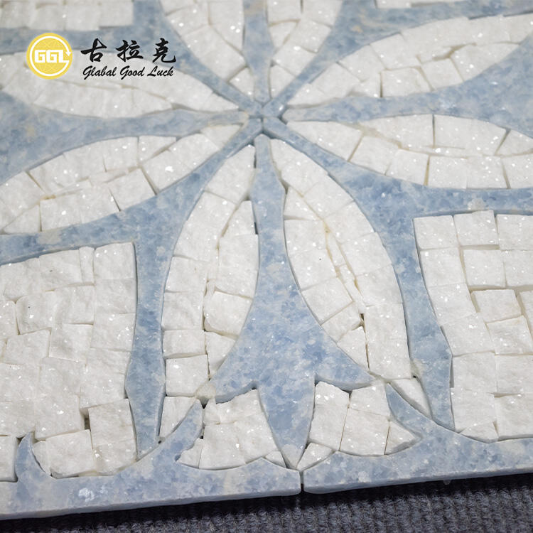 Hand-made Flower Waterjet Marble Thassos White Mix Blue Mosaic Tile