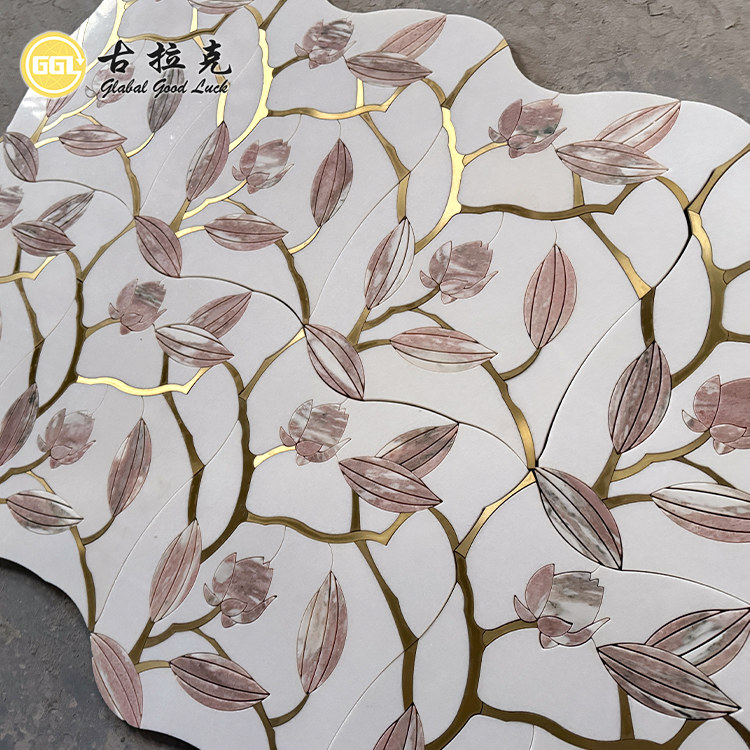 New Design Pink Flower Pattern Marble Waterjet Mosaic Inlay Brass Wall Floor Tile