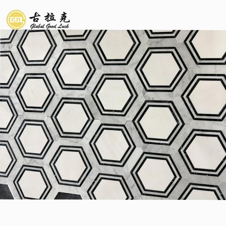 Hexagon Black White Marble Stone Mosaic Tile for Home Flooring Decor