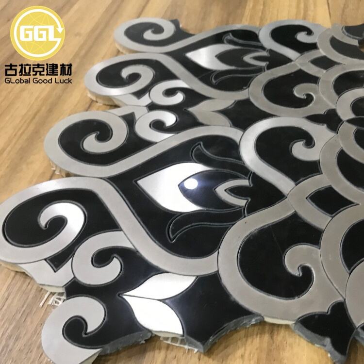 Black Marble Mix Stainless Steel Waterjet Mosaic Elegant Design Tile for Interior Decoration
