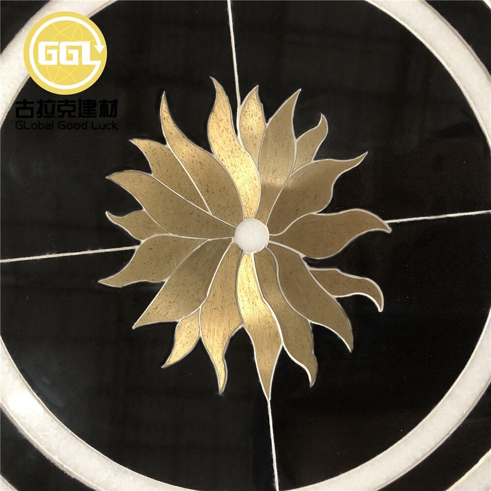 Black Marble Mosaic Tile Gold Sunflower Pattern Brass Inlay Mosaics for Wall Floor Tile