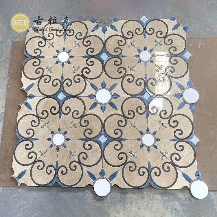 Flower Design Marble Mosaic Tile Blue Beige Stone Tile for Villa Home Decoration